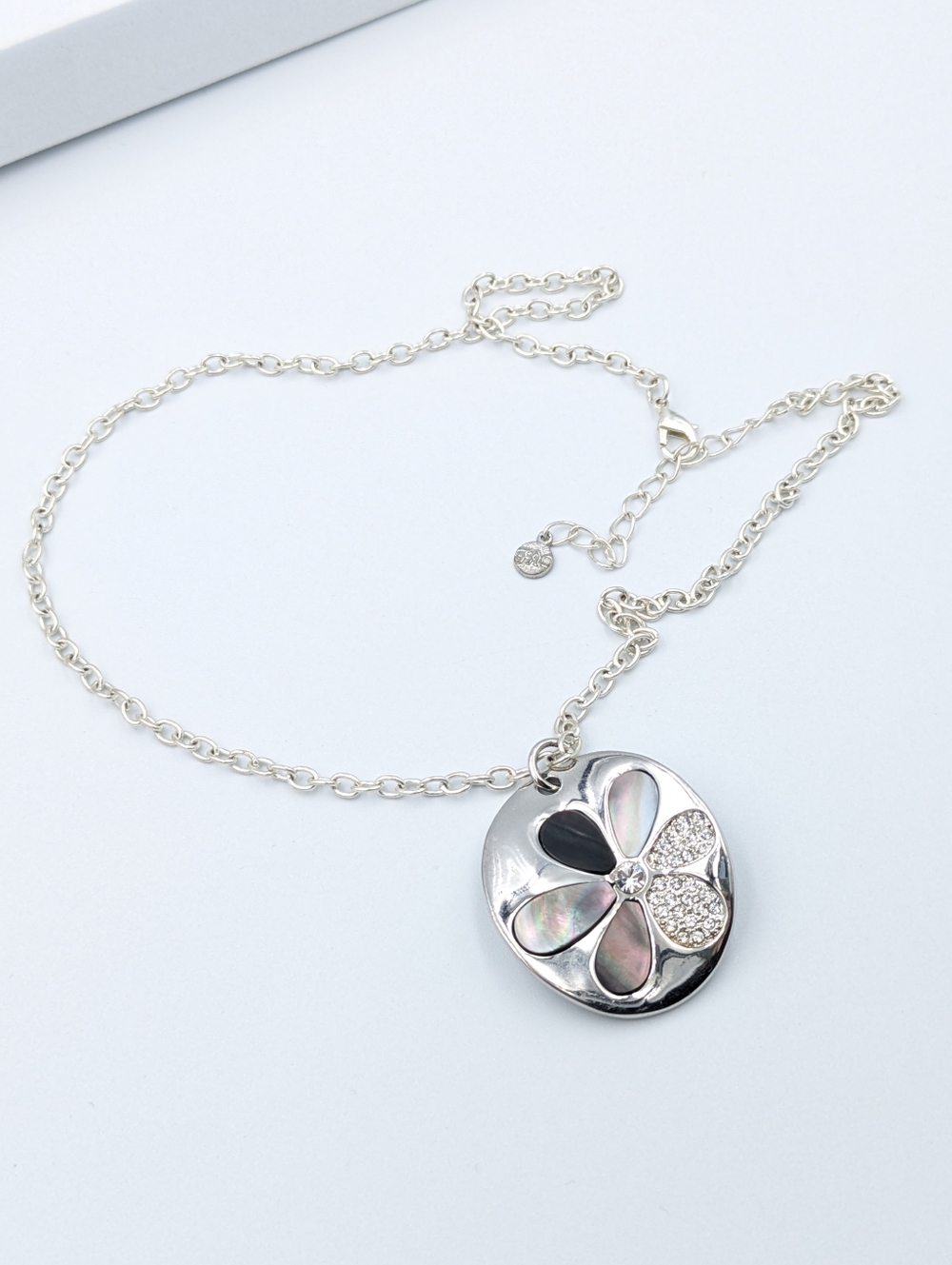 Vintage FAC Butler silver tone MOP crystal flower pendant necklace